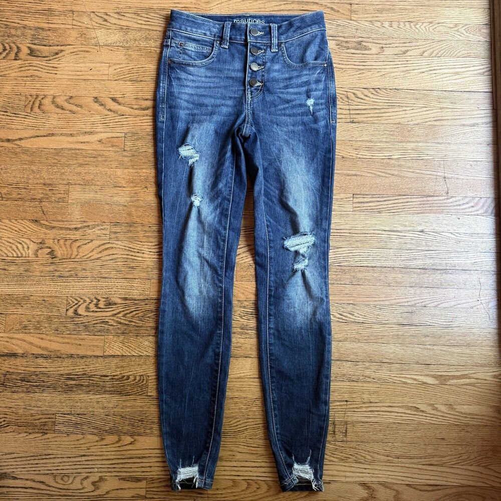 Maurices Everflex High Rise Jeans Size 0 Reg Dark Wash Stretch Button Fly Skinny